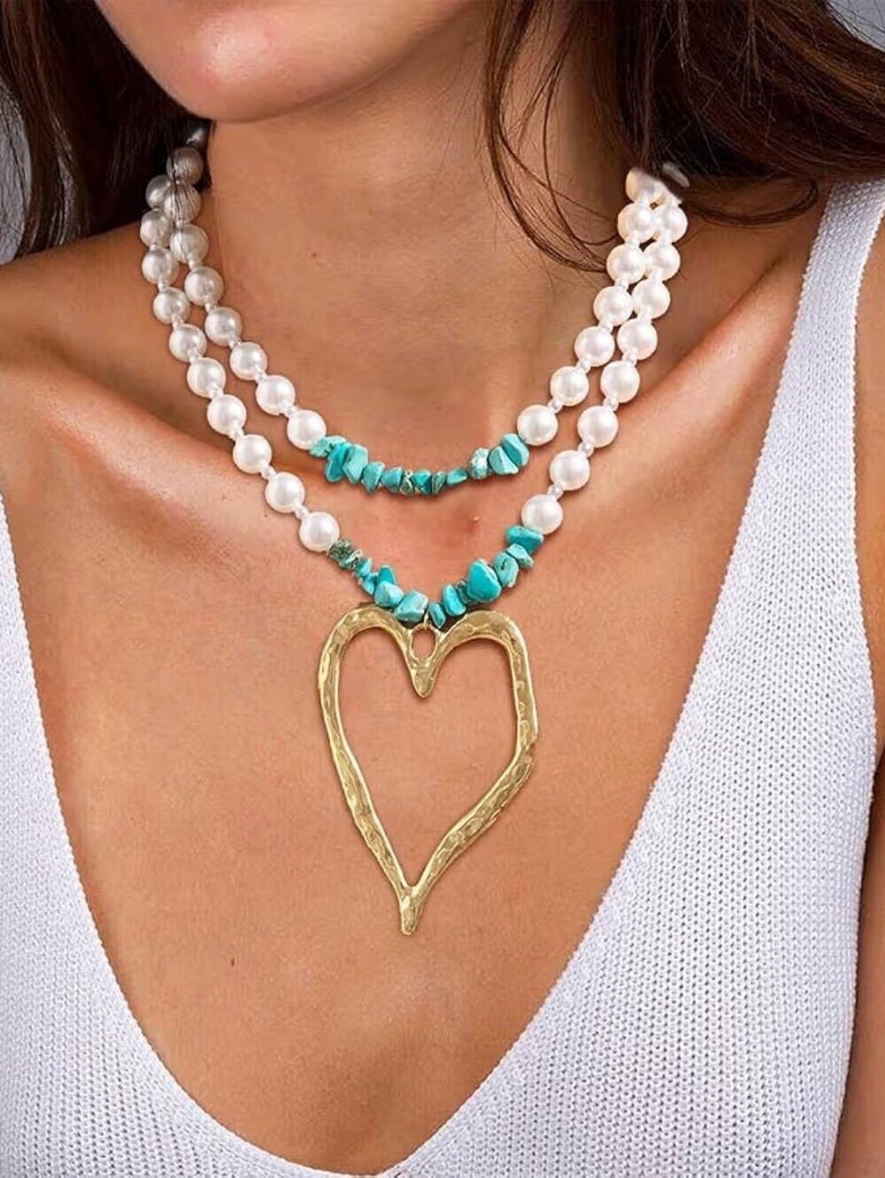 Turquoise Chunky Necklace Large Heart Gold Layered Pearl Choker Statement